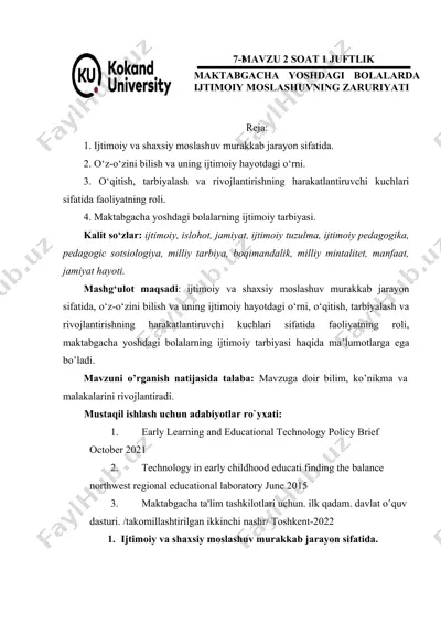 ijtimoiy va shaxsiy moslashuv jarayonida maktabgacha yoshdagi bolalar tarbiyasining ahamiyati — DOCX