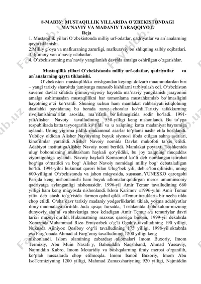 mustaqillik yillarida o‘zbekistondagi ma’naviy va madaniy taraqqiyot — DOCX