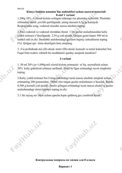 kimyo fanidan umumta`lim maktablari uchun nazorat materiali — DOCX
