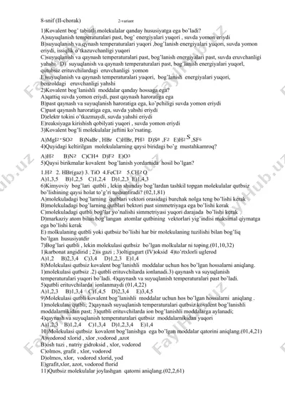 kovalent bog’ tabiatli molekulalar hususiyatlari — DOCX