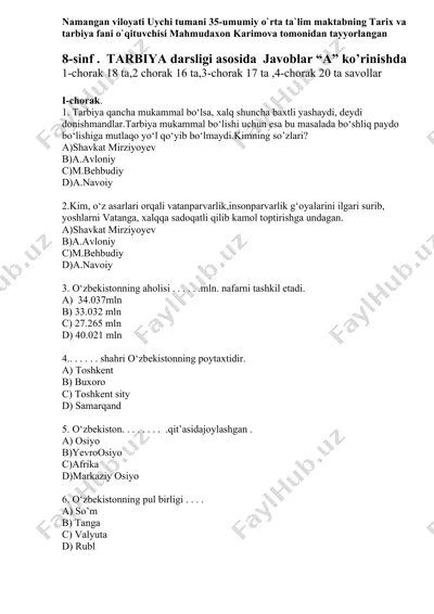 8-sinf tarbiya darsligi javoblar "a" ko'rinishda — DOCX