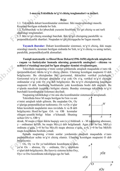 tekislikda to’g’ri chiziq tenglamalari va turlari — DOCX