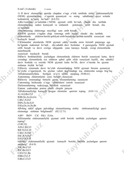 ii davir elementlarining nisbiy elektramanfiylik qiymatlarining o'zgarish qonuniyati va sabablarini tushuntirish — DOCX