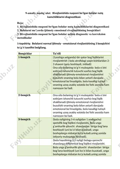 amaliy mashg'ulot: rivojlanishida nuqsoni bo‘lgan bolalar nutq kamchiliklarini diagnostikasi — DOCX