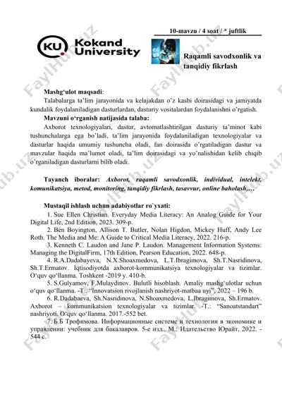 mustaqil ishlar uchun axborot texnologiyalari va dasturlar — DOCX