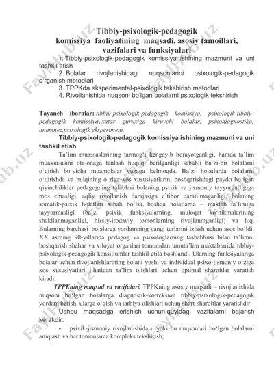 tibbiy-psixologik-pedagogik komissiya faoliyatining maqsadi, asosiy tamoillari, vazifalari va funksiyalari — DOCX