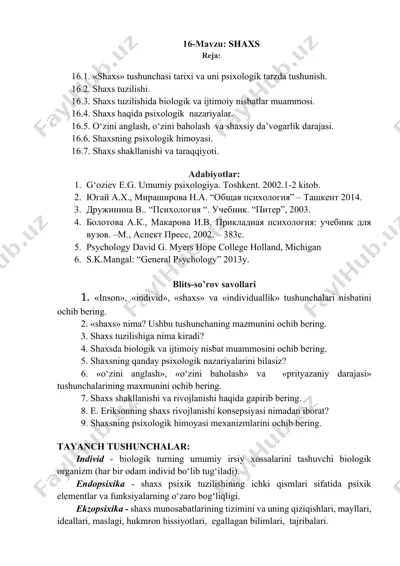 shaxsning tuzilishi va psixologik tarzda tushunish — DOCX
