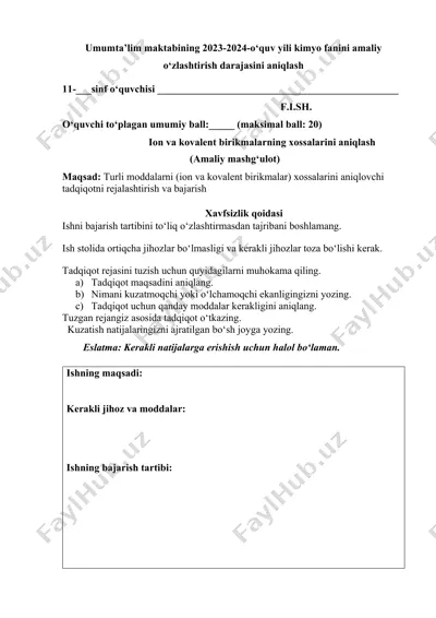 kimyo fanini amaliy o‘zlashtirish darajasini aniqlash — DOCX