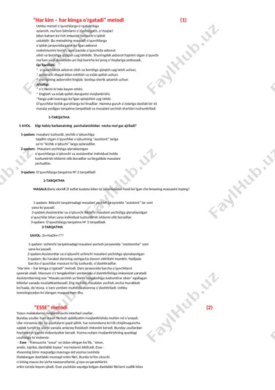 "har kim – har kimga oʻrgatadi" metodi — DOCX