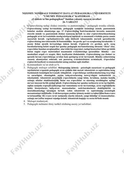 «uzluksiz ta’lim pedagogikasi” fanidan yakuniy nazorat savollari 26–variant — DOCX