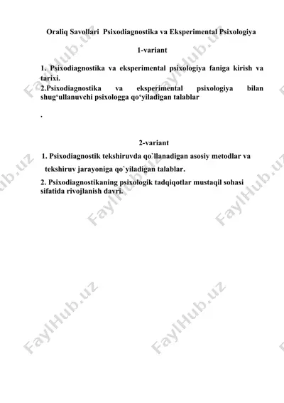 oraliq savollari psixodiagnostika va eksperimental psixologiya — DOCX