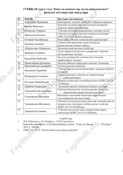 “бино ва иншоотлар зилзилабардошлиги” фанидан мустақил иш мавзулари — DOCX