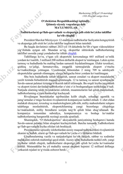 tadbirkorlarni qo‘llab-quvvatlash va eksportga jalb etish bo‘yicha takliflar — DOCX