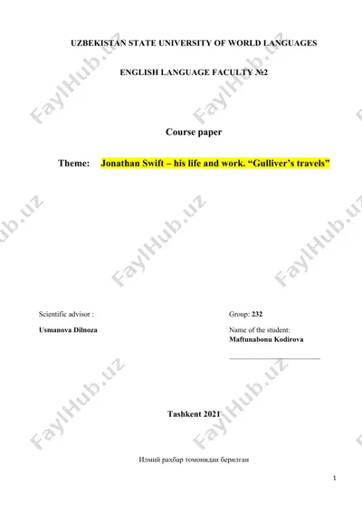 jonathan swift – his life and work. “gulliver’s travels” — DOCX