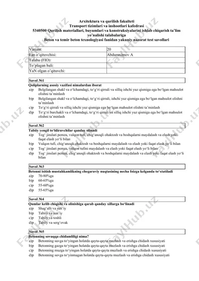 beton va temir beton texnologiyasi test savollari — DOCX