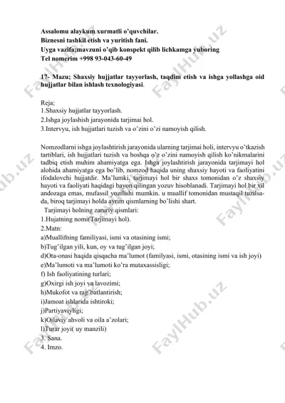 mazu; shaxsiy hujjatlar tayyorlash, taqdim etish va ishga yollashga oid hujjatlar bilan ishlash texnologiyasi — DOCX