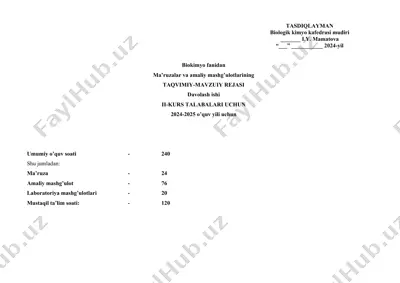 biokimyo fanidan ma’ruzalar va amaliy mashg’ulotlarining taqvimiy-mavzuiy rejasi — DOCX