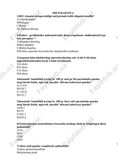 dietologoya savollar javoblart mavjud emas — DOCX