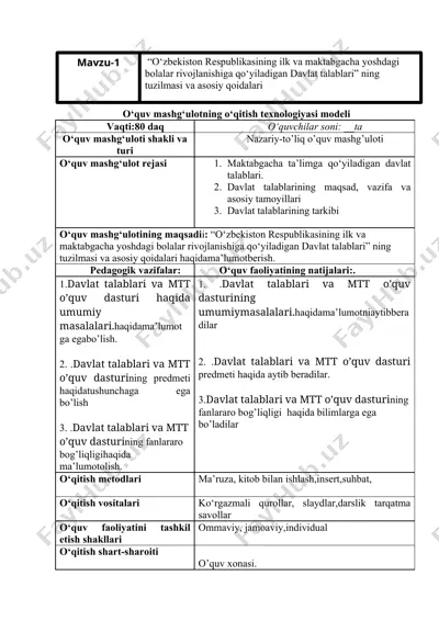 o‘quv mashg‘ulotning o‘qitish texnologiyasi modeli — DOCX