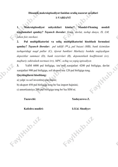 dinamik makroiqtisodiyot fanidan oraliq nazorat savollari — DOCX