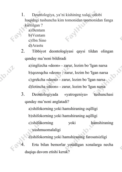 deontologiya va tibbiyot savollar javob mavjud emas — DOCX