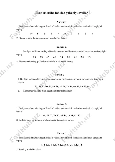 ekonometrika fanidan yakuniy savollar — DOCX