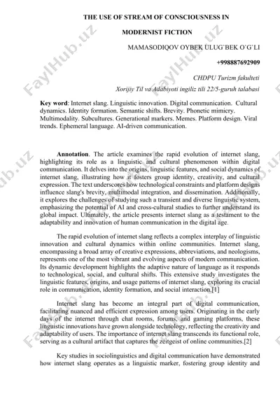 the use of stream of consciousness in modernist fiction — DOCX