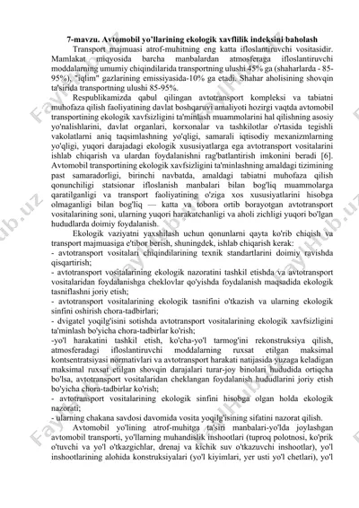 avtomobil yo’llarining ekologik xavflilik indeksini baholash — DOCX