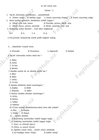 ix sinf uchun test variant – 2 — DOCX