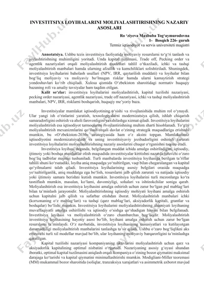 investitsiya loyihalarini moliyalashtirishning nazariy asoslari — DOCX