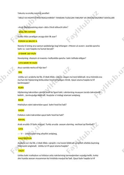 yakuniy va oraliq nazorat savollari “aruz va mumtoz poetikaga kirish” fanidan tuzilgan — DOCX