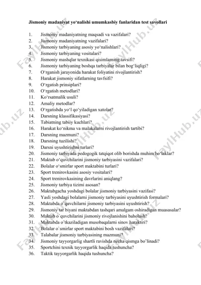 jismoniy madaniyat yo‘nalishi umumkasbiy fanlaridan test savollari — DOCX