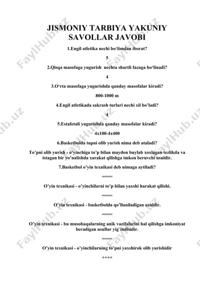 jismoniy tarbiya yakuniy savollar javobi — DOCX