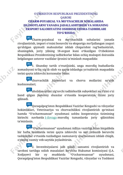 charm-poyabzal va mo‘ynachilik sohalarida islohotlarni yanada jadallashtirish va sohaning eksport salohiyatini oshirish chora-tadbirlari to‘g‘risida prezidentning qarori — DOCX