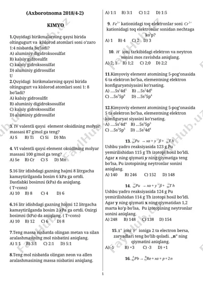 kimyo test savollari — DOCX