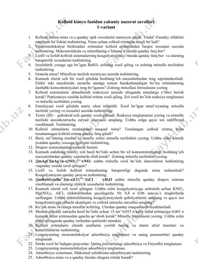kolloid kimyo fanidan yakuniy nazorat savollari — DOCX