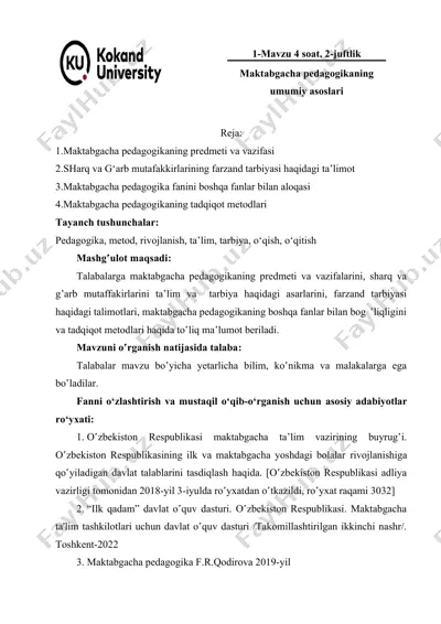 maktabgacha pedagogikaning predmeti va vazifasi — DOCX