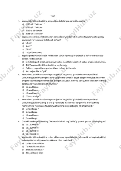 yagona identifikatsiya tizimi test — DOCX