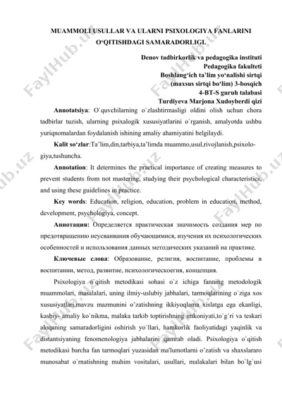 muammoli usullar va ularni psixologiya fanlarini oʻqitishdagi samaradorligi — DOCX