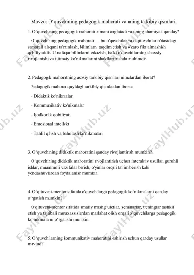oʻquvchining pedagogik mahorati va uning tarkibiy qismlari savollar — DOCX