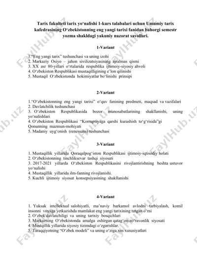 umumiy tarix kafedrasining o‘zbekistonning eng yangi tarixi fanidan bahorgi semestr yozma shakldagi yakuniy nazorat savollari — DOCX