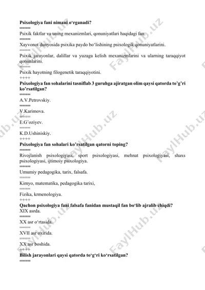 psixologiya savollar — DOCX