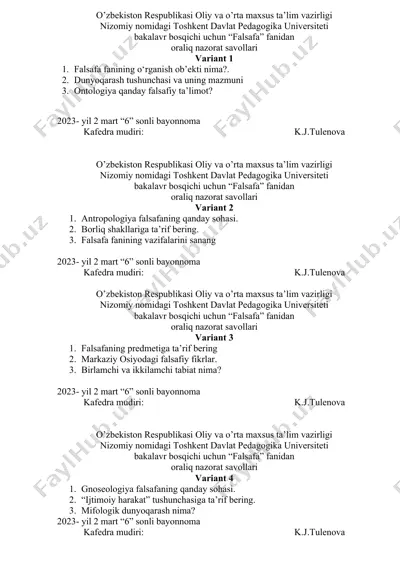 falsafa fanidan oraliq nazorat savollari — DOCX