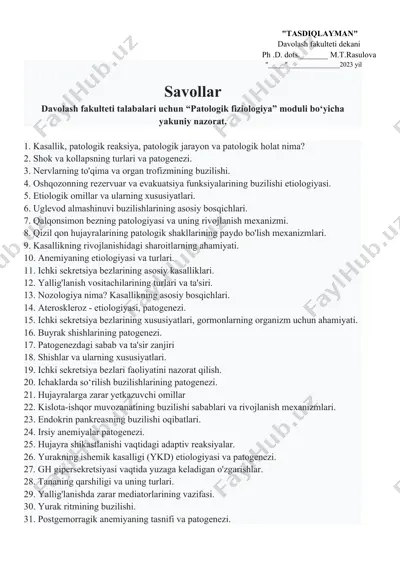 patologik fiziologiya moduli bo'yicha nazorat savollari — DOCX