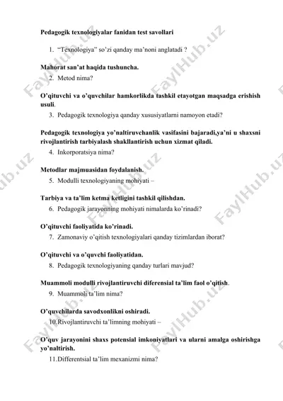 pedagogika texnologiyalari fanidan test savollari — DOCX