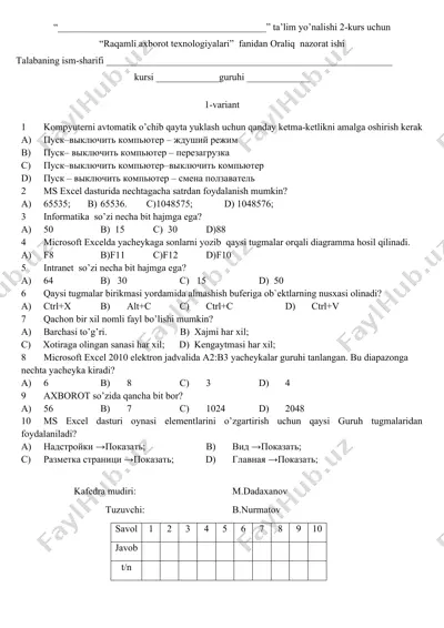 axborot texnologiyalari fanidan oraliq nazorat ishi — DOCX