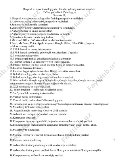 raqamli axborot texnologiyalari fanidan yakuniy nazorat savollari — DOCX