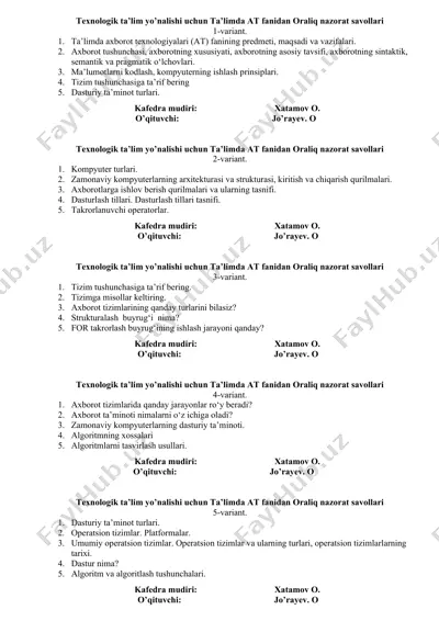 texnologik ta’lim yo’nalishi uchun ta’limda at fanidan oraliq nazorat savollari — DOCX