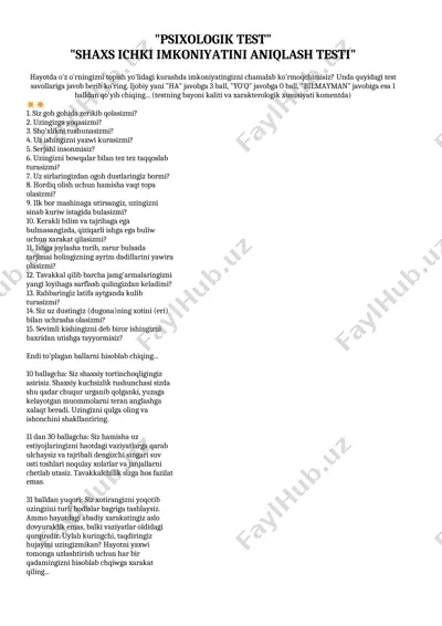 psixologik test shaxs ichki imkoniyatini aniqlash — DOCX