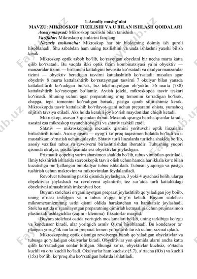 mikroskop tuzilishi va u bilan ishlash qoidalari — DOCX